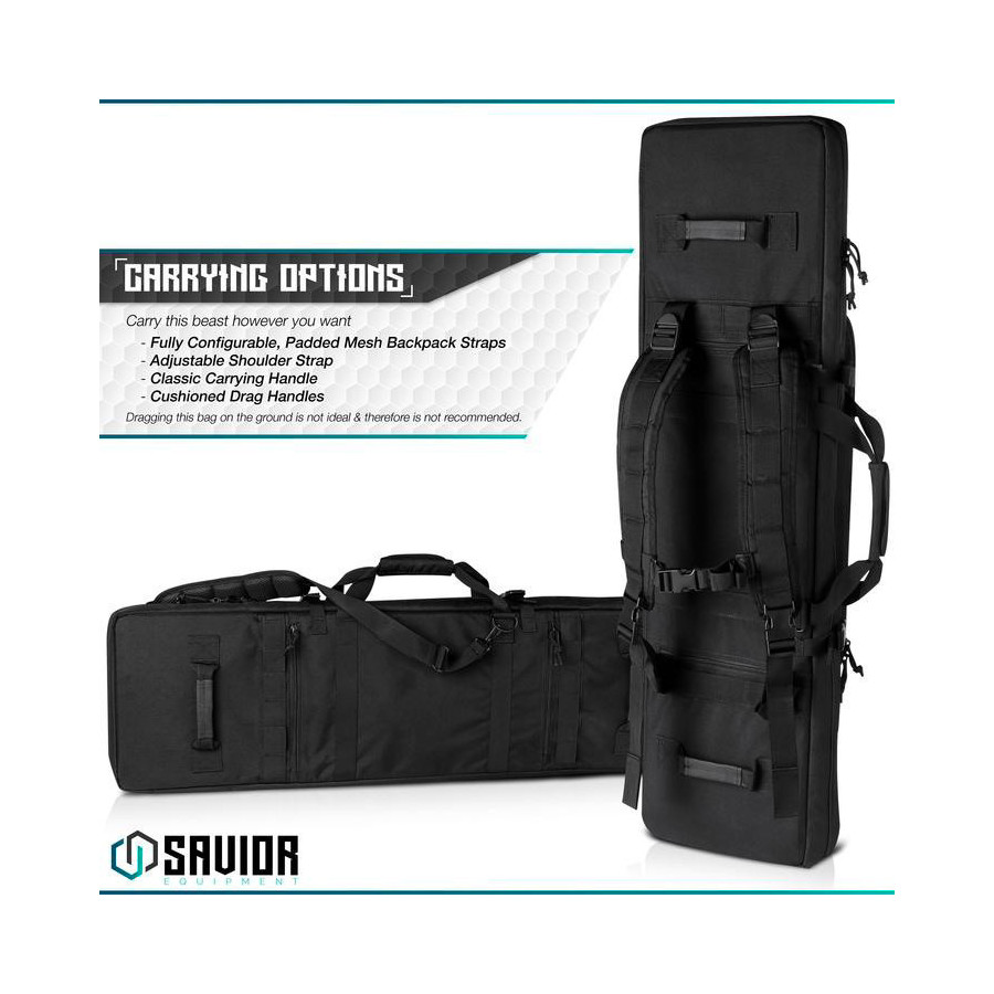 SAVIOR EQUIPMENT URBAN WARFARE DOUBLE RIFLE BAG GUN - SUITABLE FOR RIFLE SHOTGUN, W/ BACKPACK STRAP,BLACK,51\'\' LONG