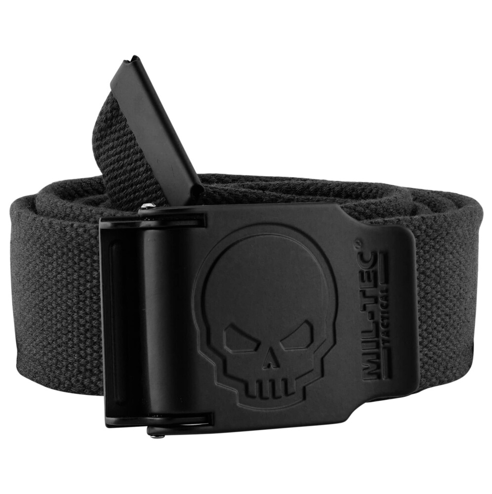 CEINTURE NOIRE BOUCLE TETE DE MORT 4CM X 130CM
