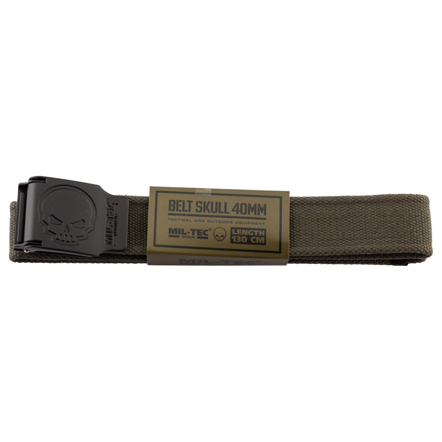 CEINTURE OLIVE BOUCLE TETE DE MORT 4CM X 130CM