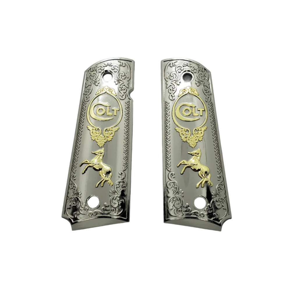 PLAQUETTE GRIP 1911 CUSTOM LOGO COLT NICKEL ET OR