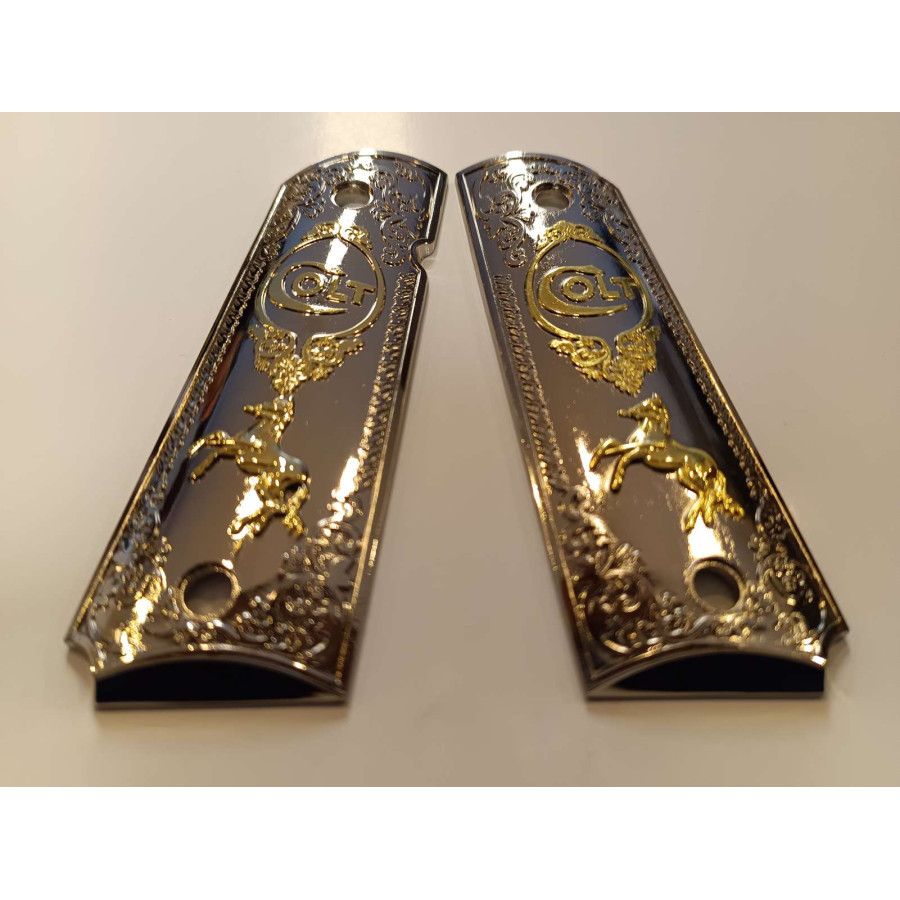 PLAQUETTE GRIP 1911 CUSTOM LOGO COLT NICKEL ET OR