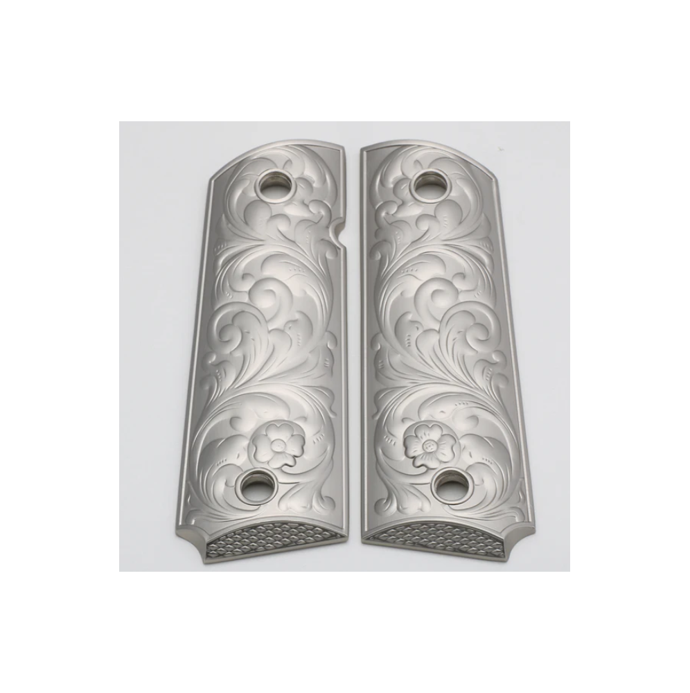 PLAQUETTE GRIP 1911 CUSTOM SCROLL ENGRAVING NICKEL MAT
