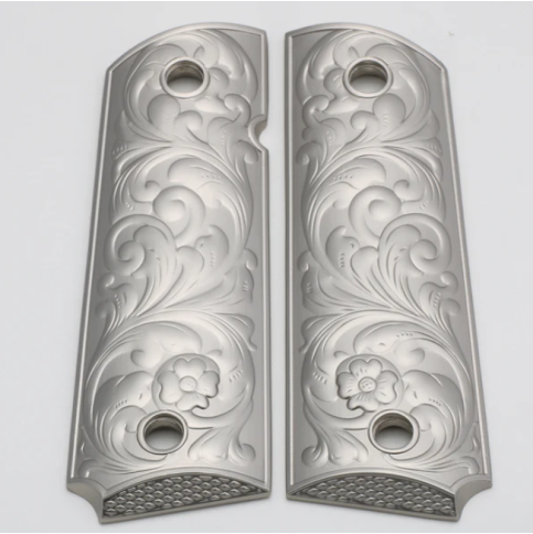 PLAQUETTE GRIP 1911 CUSTOM SCROLL ENGRAVING NICKEL MAT