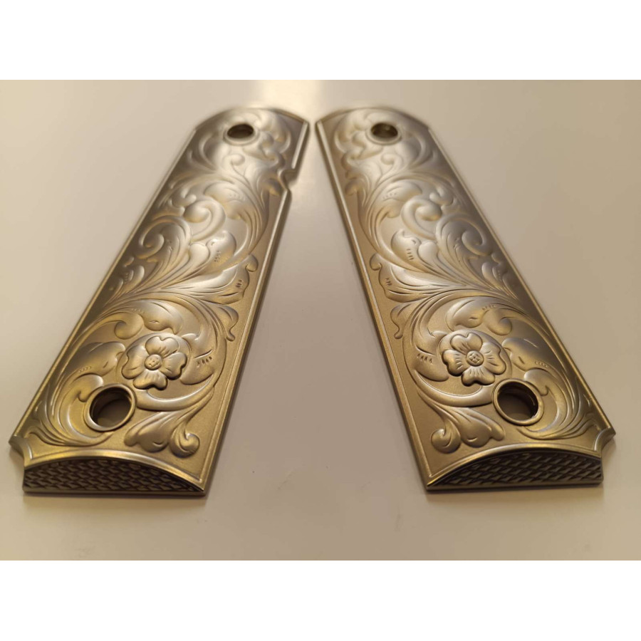 PLAQUETTE GRIP 1911 CUSTOM SCROLL ENGRAVING NICKEL MAT