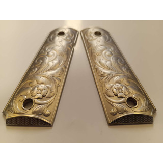 PLAQUETTE GRIP 1911 CUSTOM SCROLL ENGRAVING NICKEL MAT