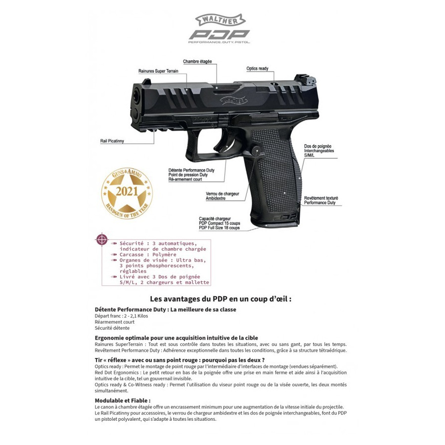 PISTOLET PDP COMPACT WALTHER 4" CAL 9X19 15 COUPS WALTHER - 4